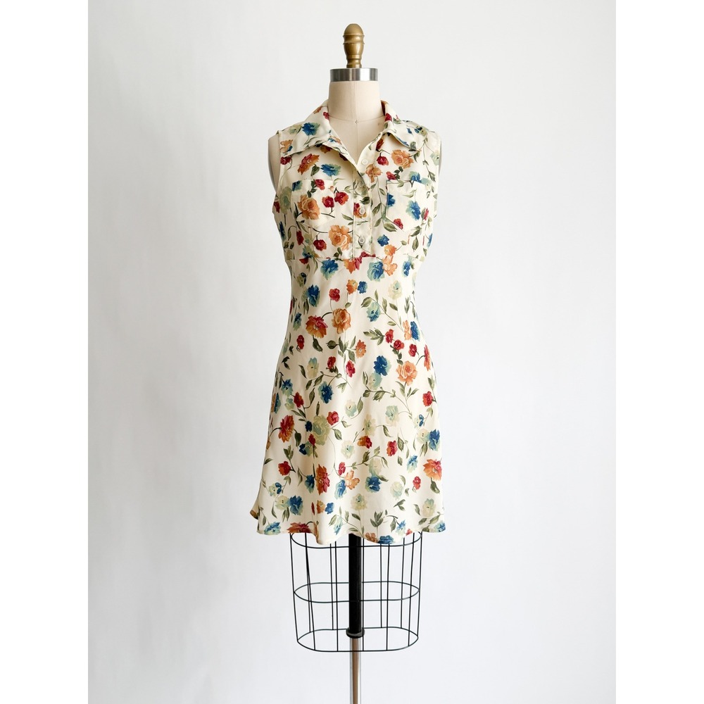 Contempo Casuals Mini‎ Dress Vintage 90s Floral Sleeveless Collared Small Cream